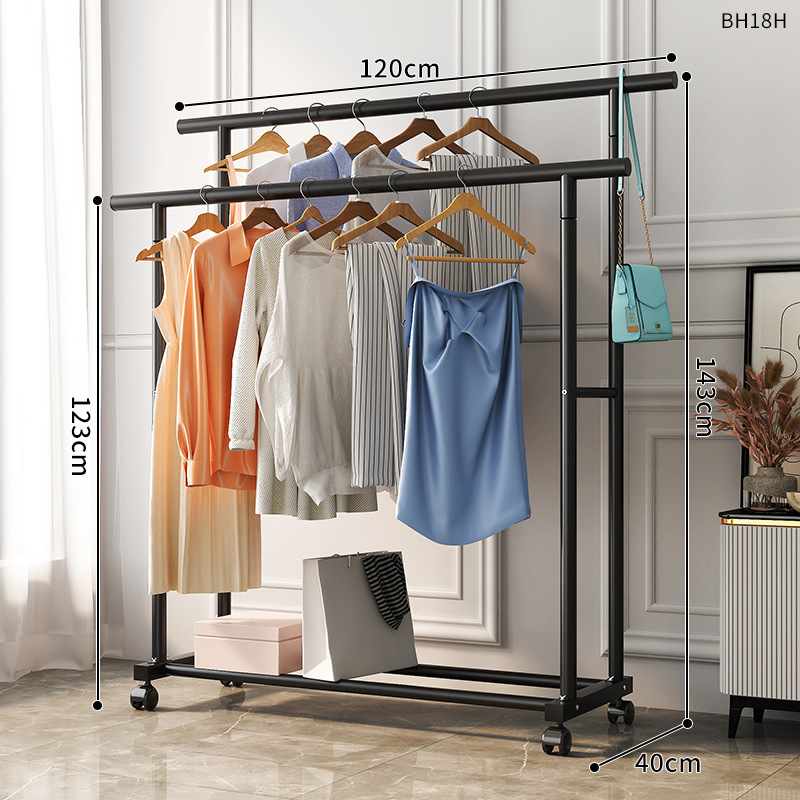 옷 건조대 1.2m 검정색 이중 극 22MM 범용 바퀴