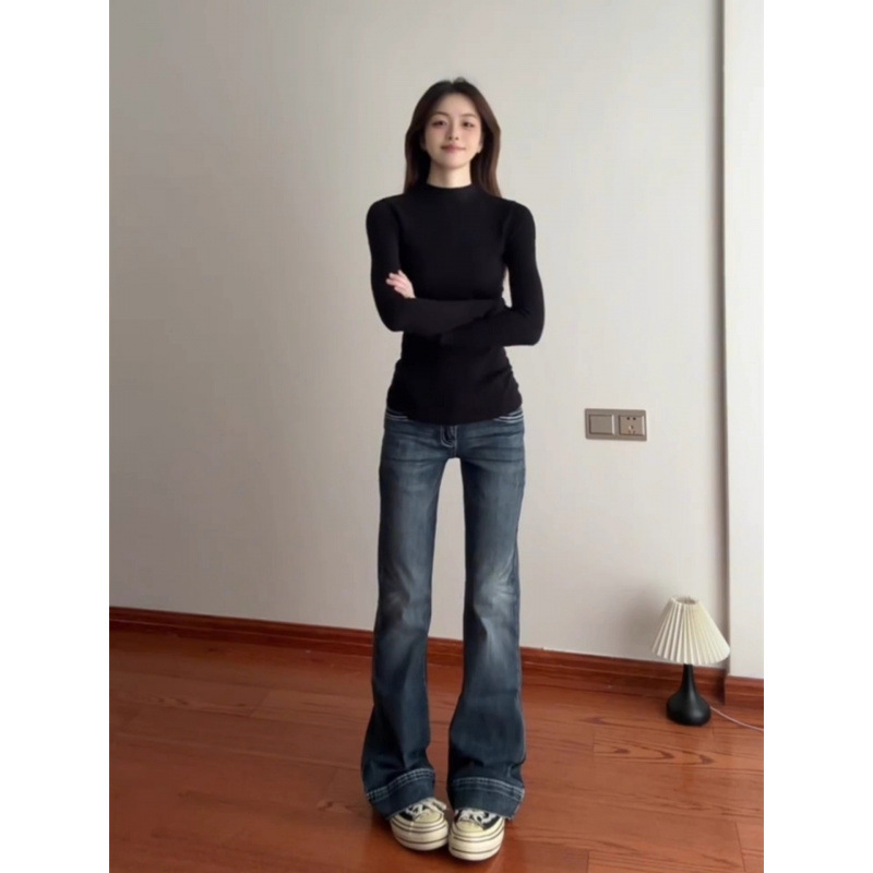 美式复古黑色高级感长袖半高领t恤女早秋紧身简约风百搭打底衫潮|undefined