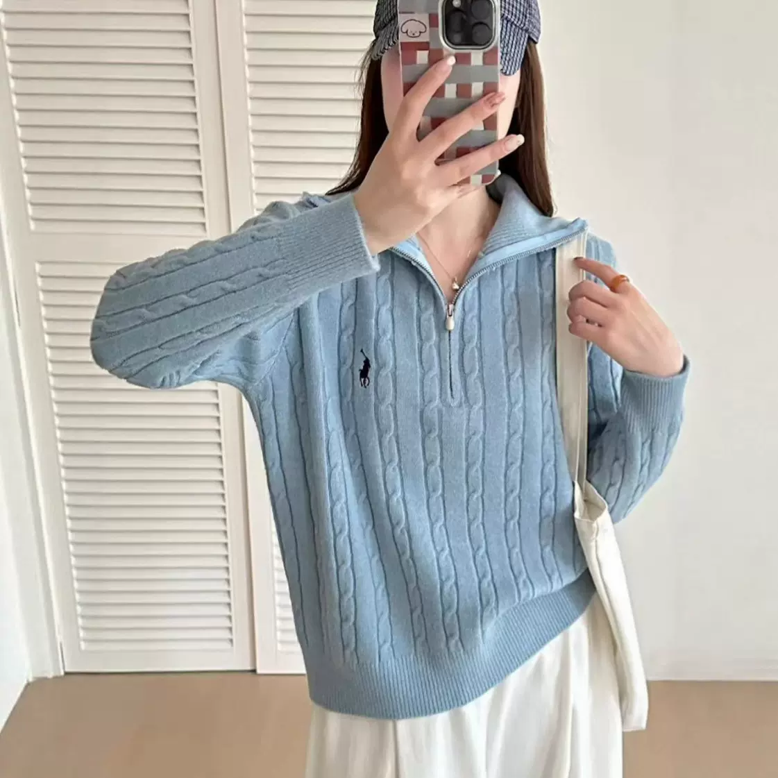 秋冬款半拉链麻花针织上衣女款小马休闲通勤套头保暖百搭立领毛衣