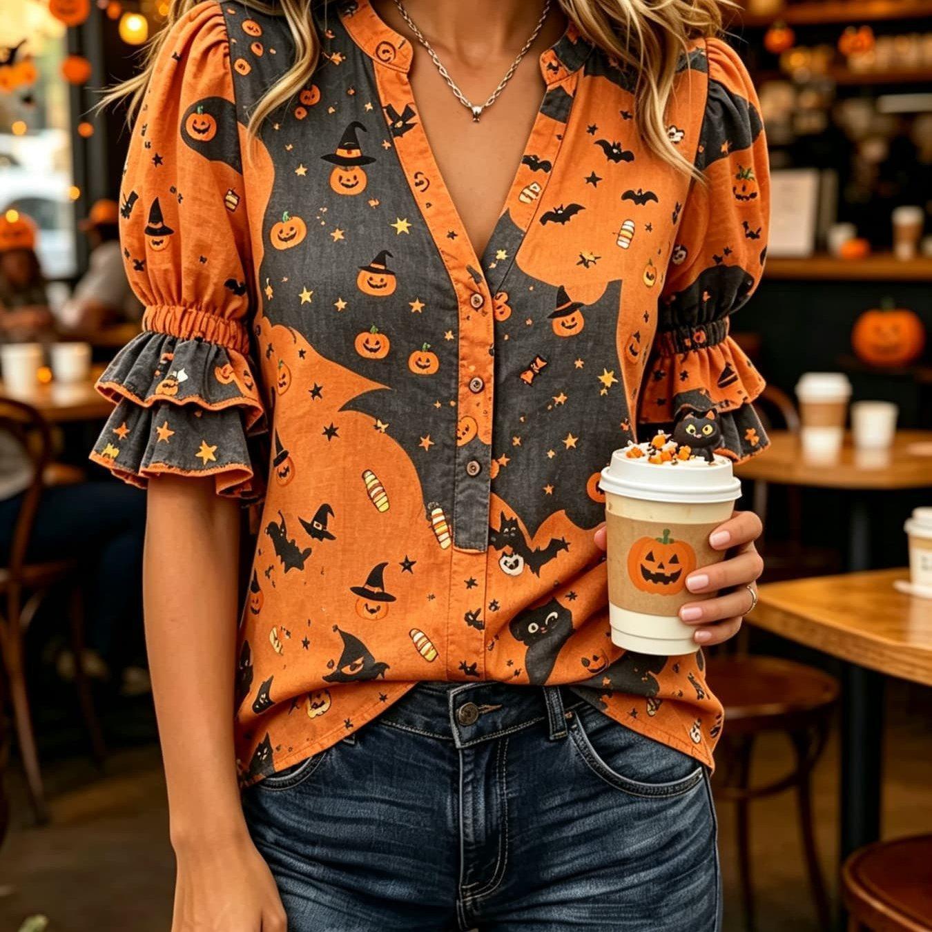 Transfronterizo exclusivo para camisas de impresión vintage mujeres sueltas de cuello en V de manga corta chaqueta bohemiana Europa y América nuevo transfronterizo image 39