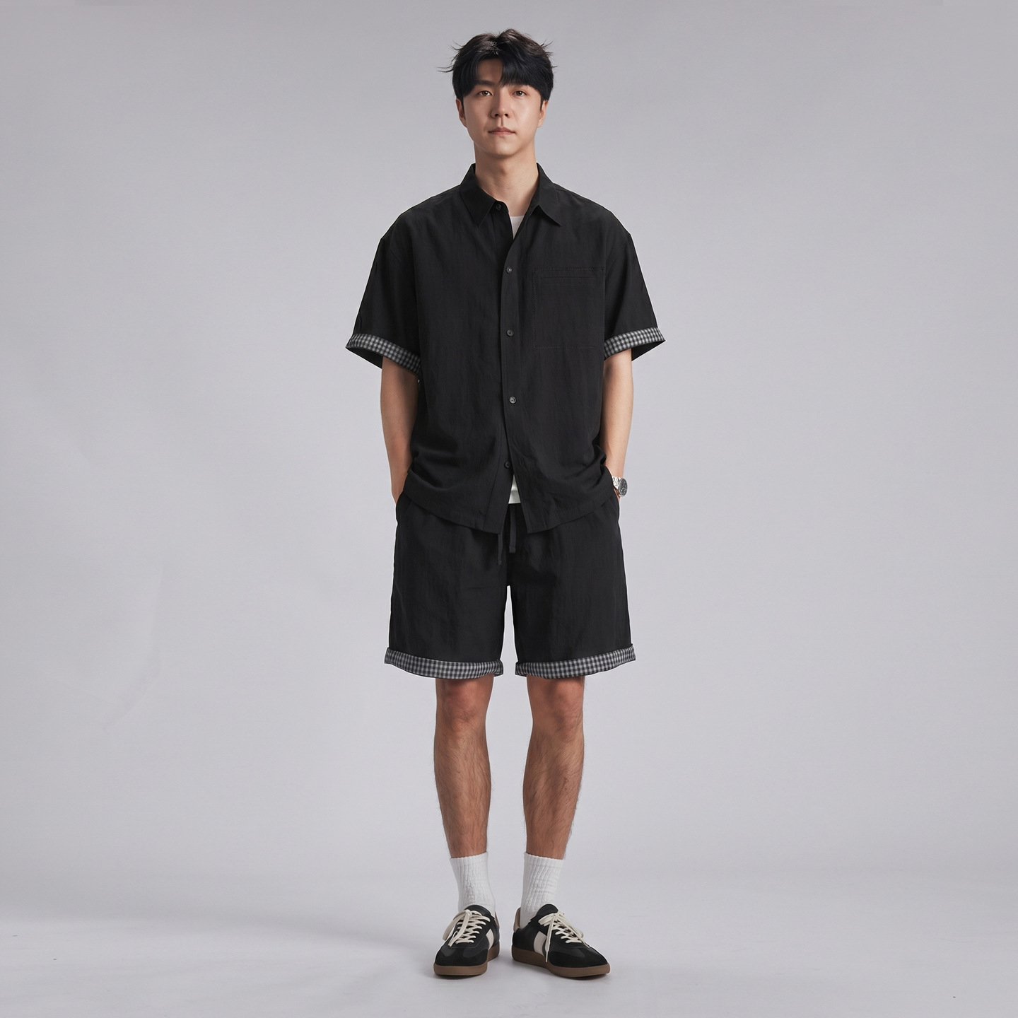Bộ đồ thể thao nam áo sơ mi ngắn tay kèm quần short chất liệu Tencel mát lạnh — đen