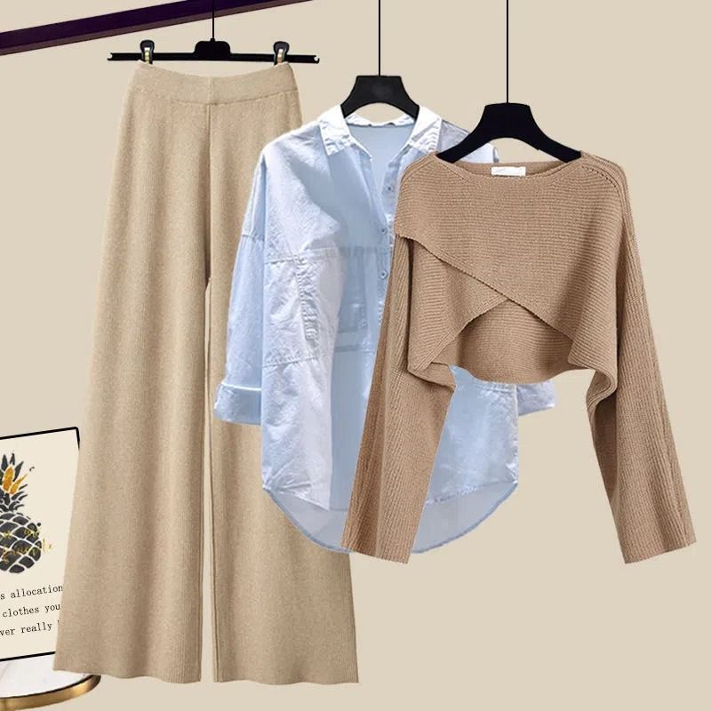 GraceChic Plus Size Damen Herbst/Winter Anzug 2025: Modischer Strickpullover, figurformende Hose mit weitem Bein_voghion.com