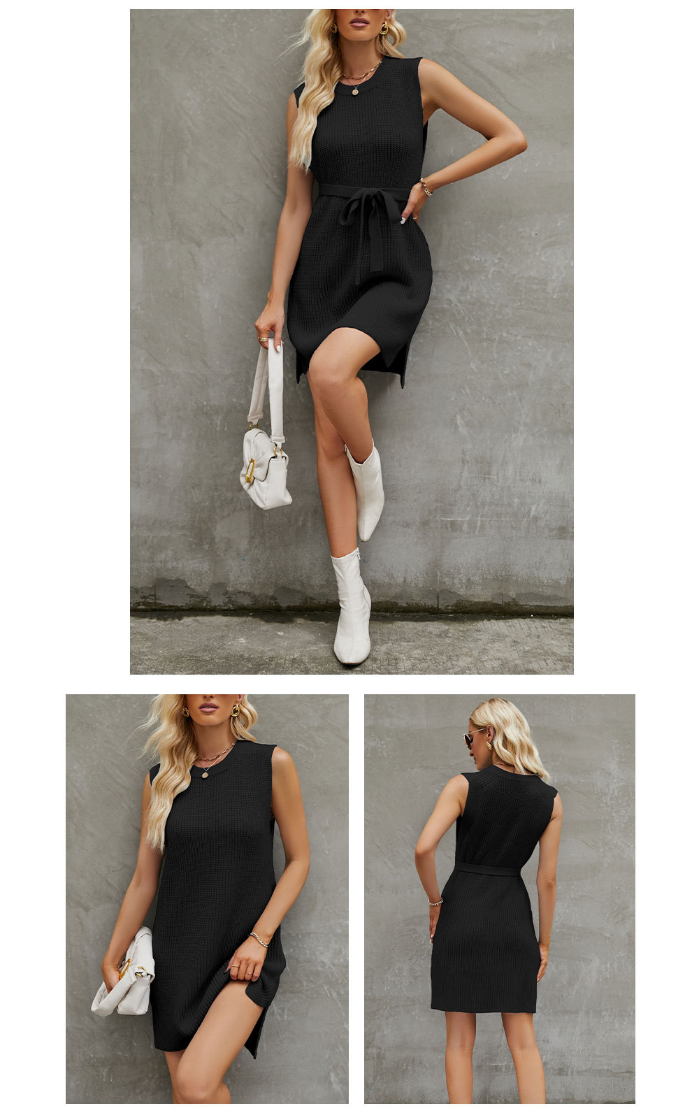 Regular Fit Fit Type Solid Color Pattern Spring, Autumn Season Women's Sweater Dress Sexy Round Neck Sleeveless Solid Color Above Knee Street