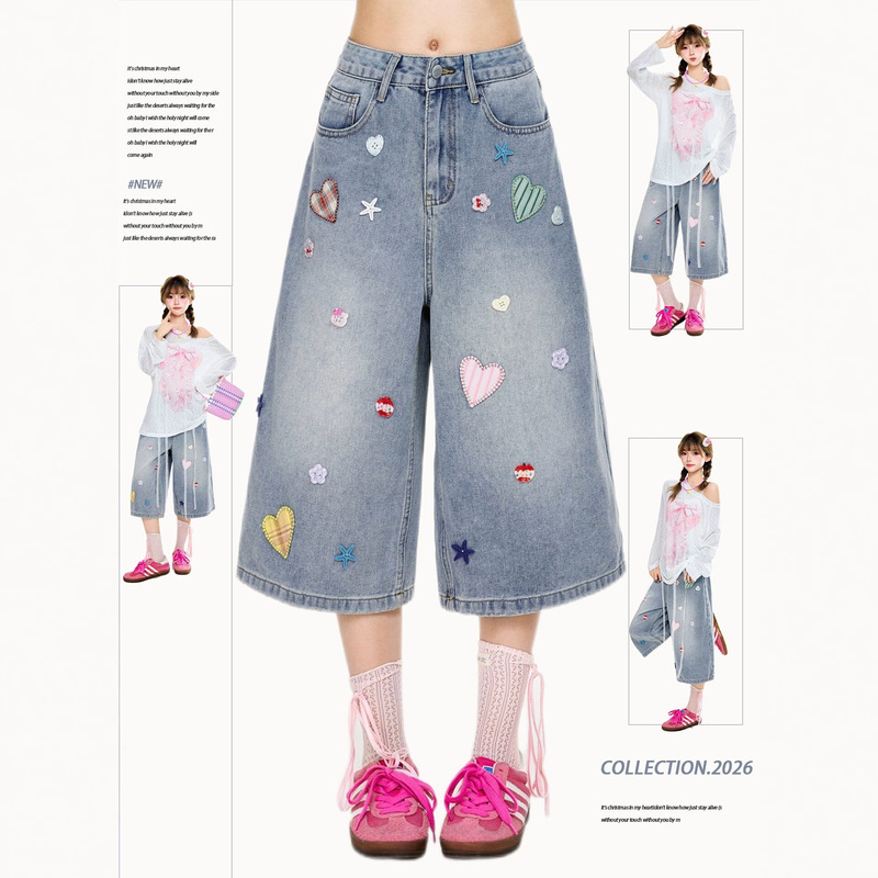 Trendy Carp Print Star Heart Patchwork Cropped Jeans for Women, New Summer Style, Loose Fit, Slimming, Wide-Leg, Versatile Trendy Carp Print Star Heart Patchwork Cropped Jeans for Women, New Summer Style, Loose Fit, Slimming, Wide-Leg, Versatile