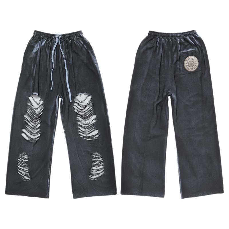 クロスボーダーのトレンディなAC手描きのスプラッシュインクのほつれ加工のウォッシュ加工のダメージ加工のパンツ、男性と女性用、ゆったりと多用途、軽くて豪華なワイドレッグジーンズ