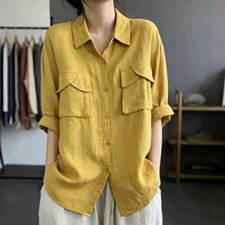 纯色翻领双层口袋衬衫休闲百搭跨境外贸双层棉纱纯棉衬衣女装