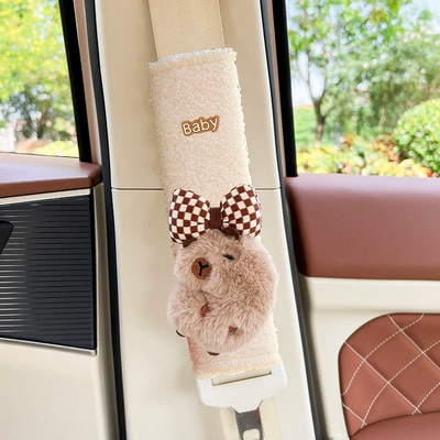 anti-collar protective cover car decoration Seat belt shoulder pad - bow-side-body-capibala-teddy-velvet-shoulder-pad-1-beige