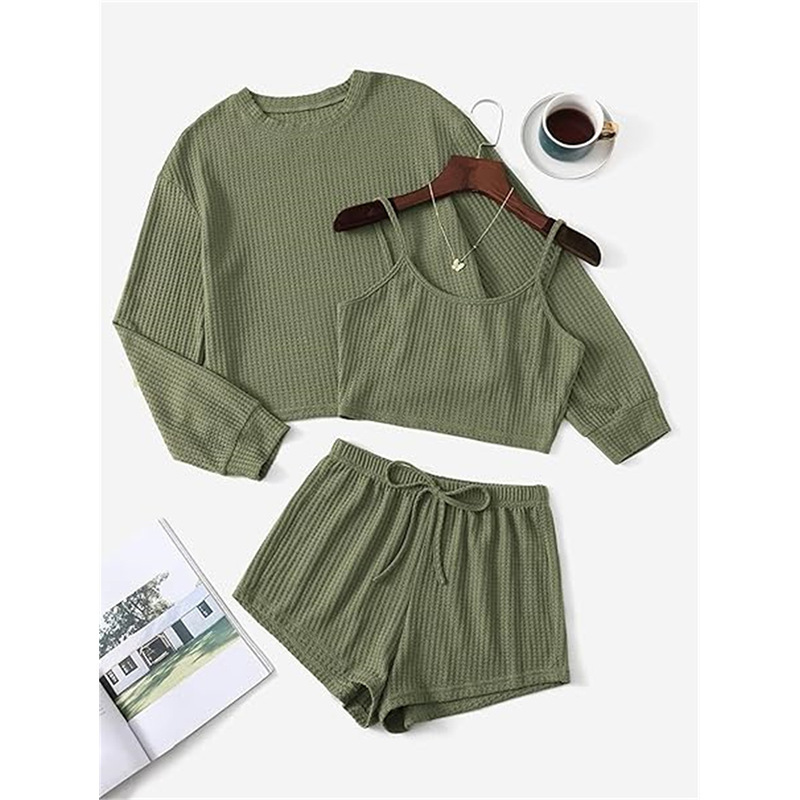 European and American cross-border Women's waffle knitted casual pajamas suit long sleeve round neck top camisole and shorts