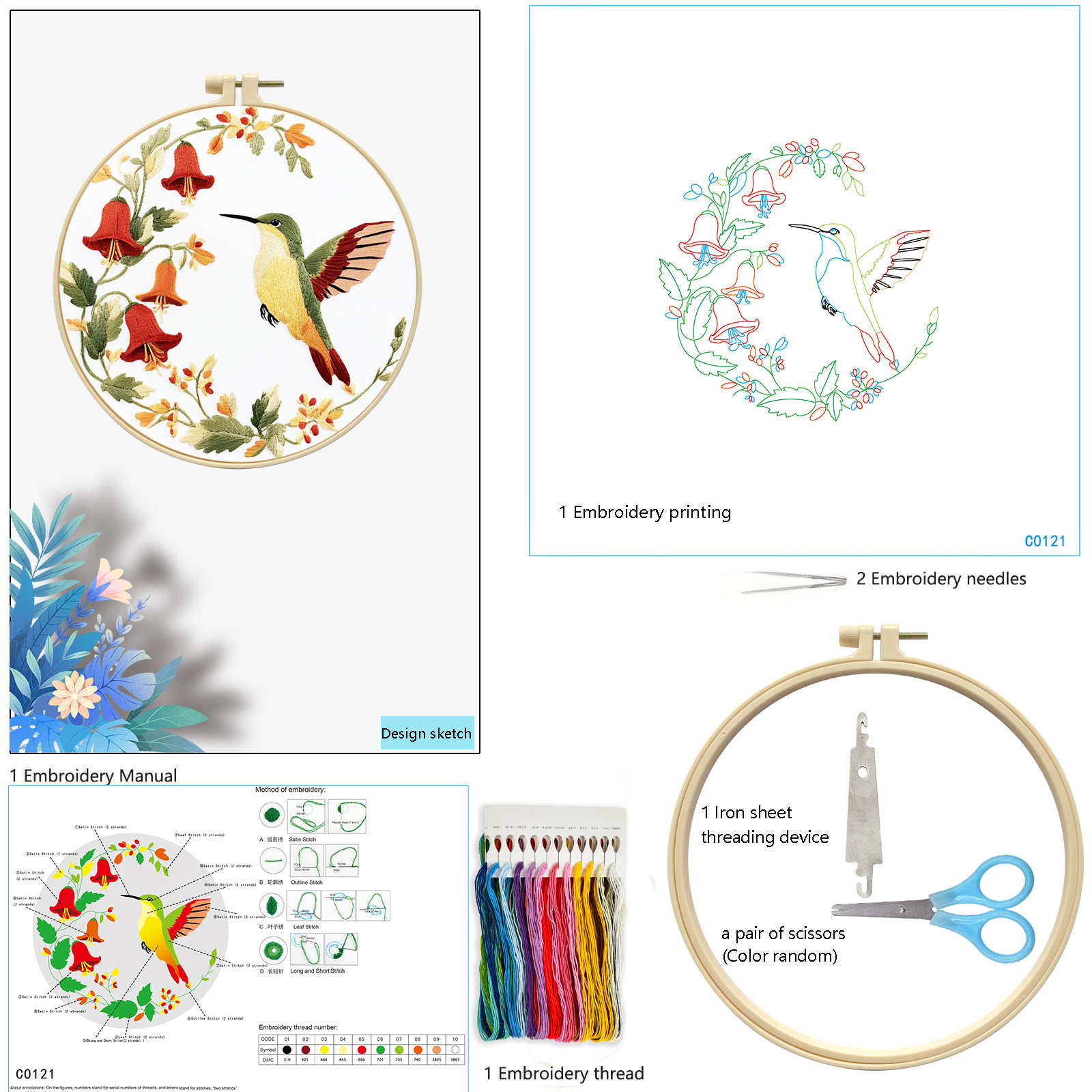 Amazon cross-border hot diy kit de bordado flores y pájaros combinación simple de animales y plantas principiantes bordado a mano