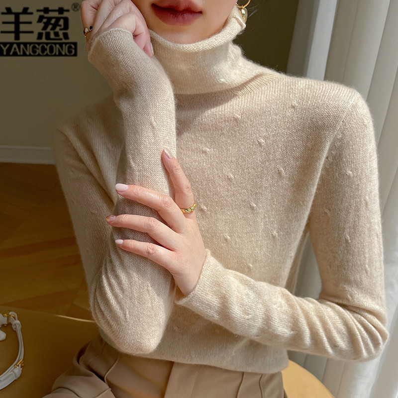 Graphic Intarsia Stacked Collar Rolled Edge Cashmere Sweater Women's Pullover Sweater Knitted Bottoming Shirt Pure Color 100 Pure Cashmere Sweater