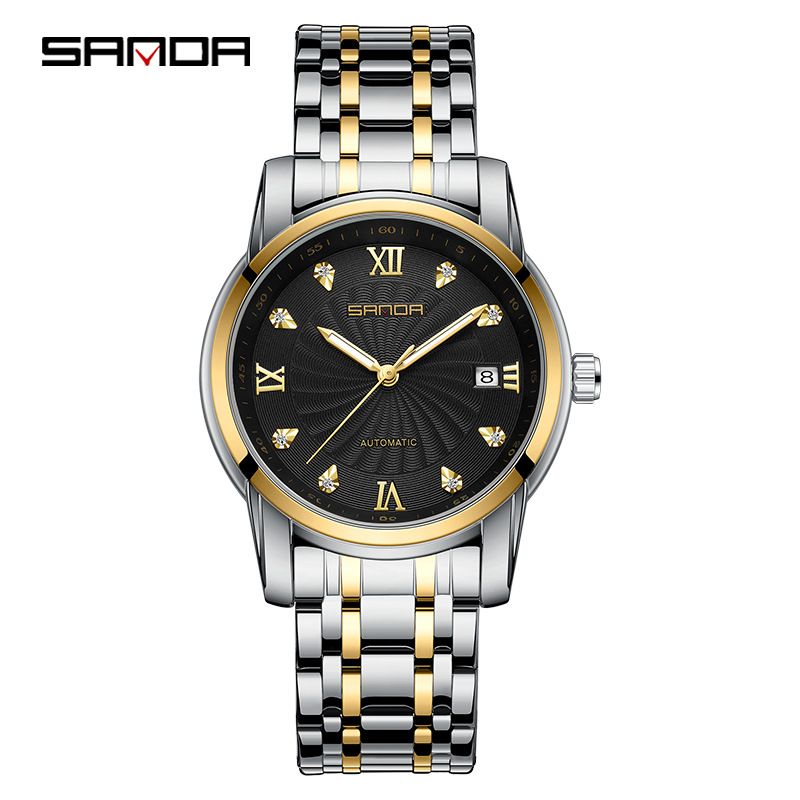 Sanda 7007 correa de acero para hombre reloj mecánico automático transparente inferior rhinestone moda manual reloj mecánico