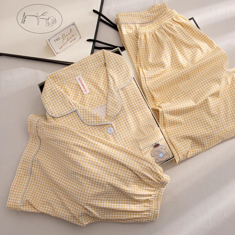 Spring and Autumn cotton plaid pajamas women's summer 2024 New cute style pudding dog short sleeve shorts three-piece suit