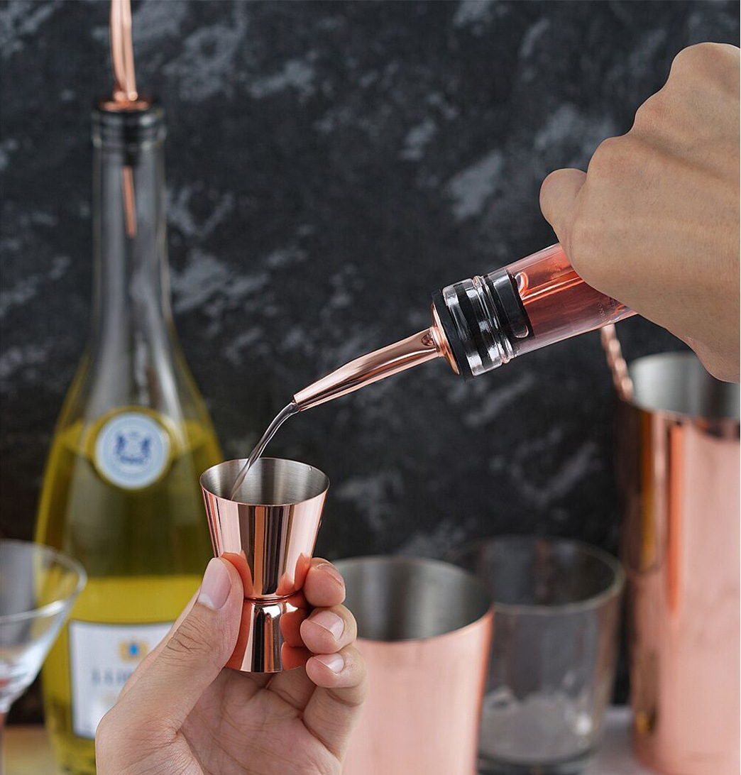 Set de coctelera de acero inoxidable con estante de madera, 11 piezas, color oro rosa, suministro en stock.