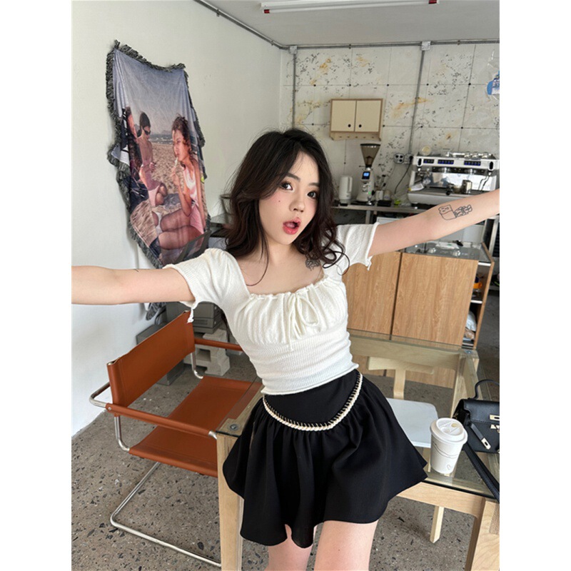 Pure Desire Sexy Sweet Hottie Design Niche Unique Chic Short-sleeved T-shirt Knitwear Square Collar Top Summer