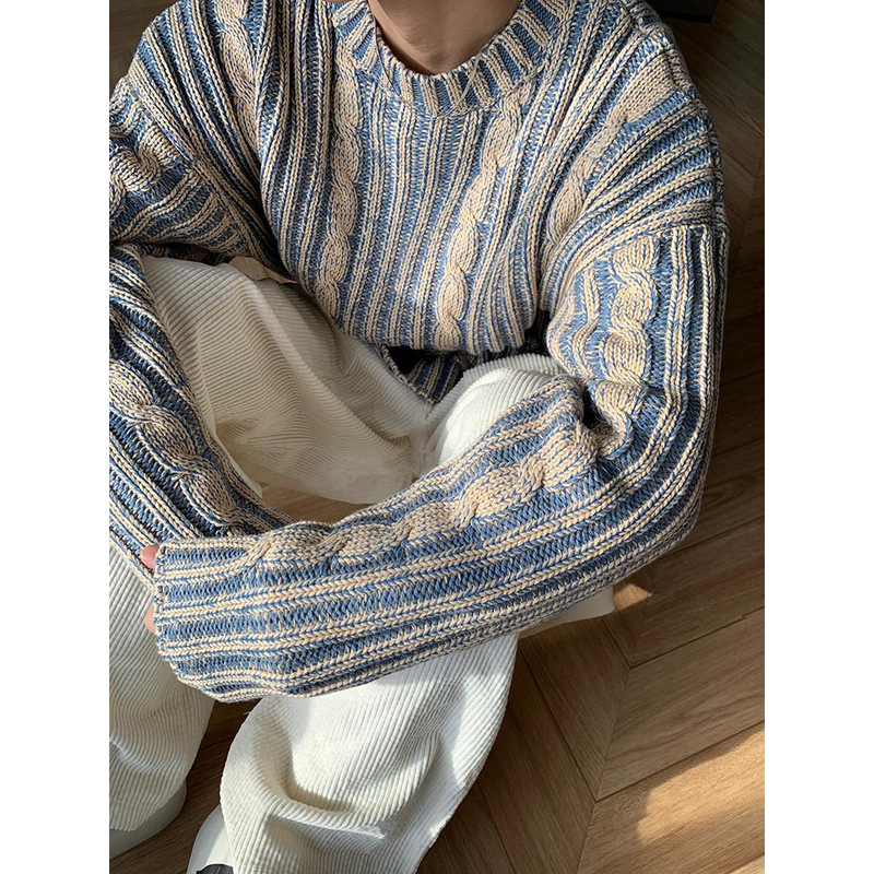 cleanfit Boys High-end Sweater Autumn and Winter Korean Style Wear Retro Contrast Color Round Neck Casual Knitted Sweater