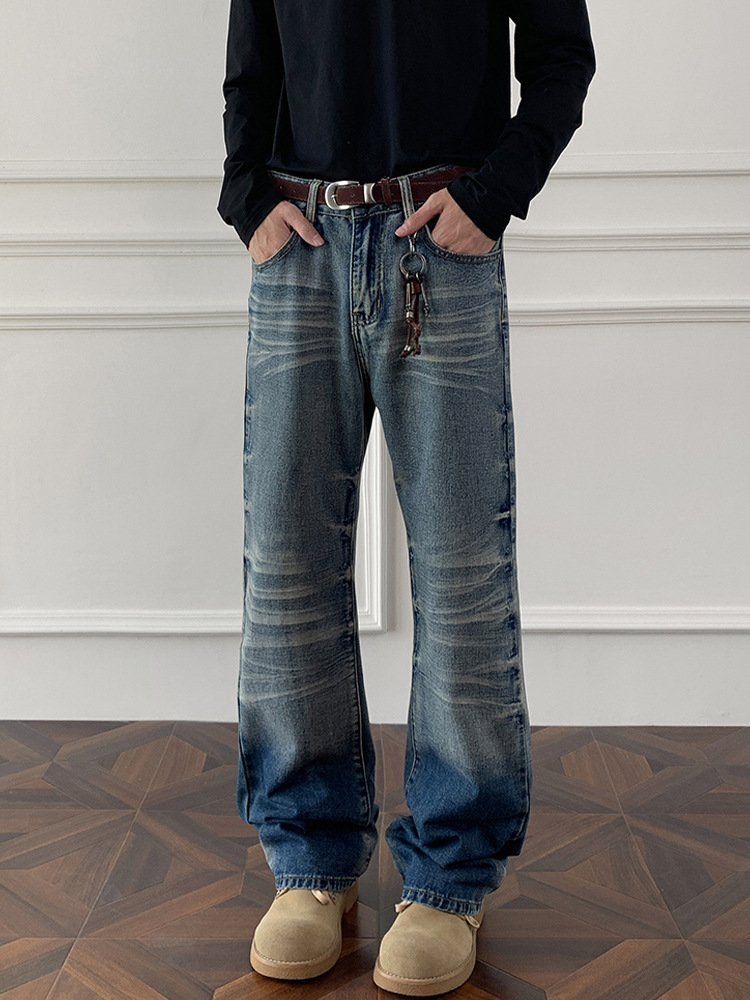 ​​Cleanfit Cat Whisker Fade Jeans For Men - Retro Straight-Leg Denim Pants With Gradient Wash (Blue/Black, M-5XL)​​_voghion.com