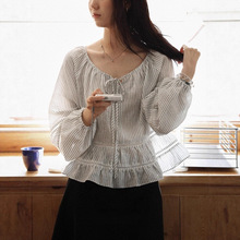 LalagloM 追风的日子 法式气质蕾丝条纹衬衫女秋季宽松显瘦娃娃衫