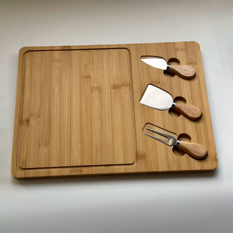Tablero de cortar de bambú Tablero de corte multifuncional para el hogar con cuchillo y tenedor Tablero de queso Carne Bandeja de pizza Comida complementaria Tablero de frutas