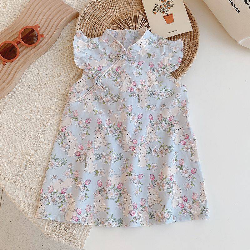 Girls Dress Summer Girl Baby Cheongsam Chinoiserie Dress Elegant National Style Sleeveless Vest Retro Floral Skirt