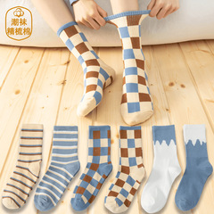 秋冬新款女襪藍色格子牛奶學院風情侶襪ins潮日系中筒襪襪子批發