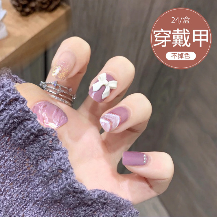 D181 Fake Nail Patch Removable Purple Hill Bow Wear Nail Patch Nail Patch Nail Patch Finished for Women