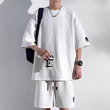 2025新款美式夏季短袖男t恤套装韩版潮牌宽松运动休闲两件套男装