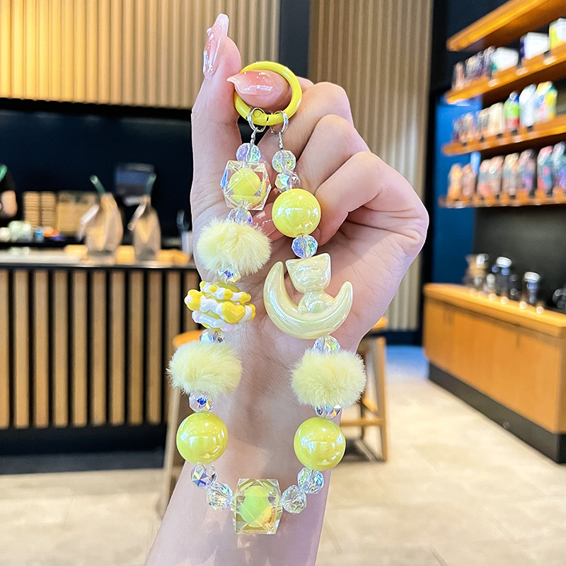 New Fur Ball Hand-Painted Beads Mobile Phone Chain Female Cute Wrist Pendant Mobile Phone Case Bag Key Chain Pendant