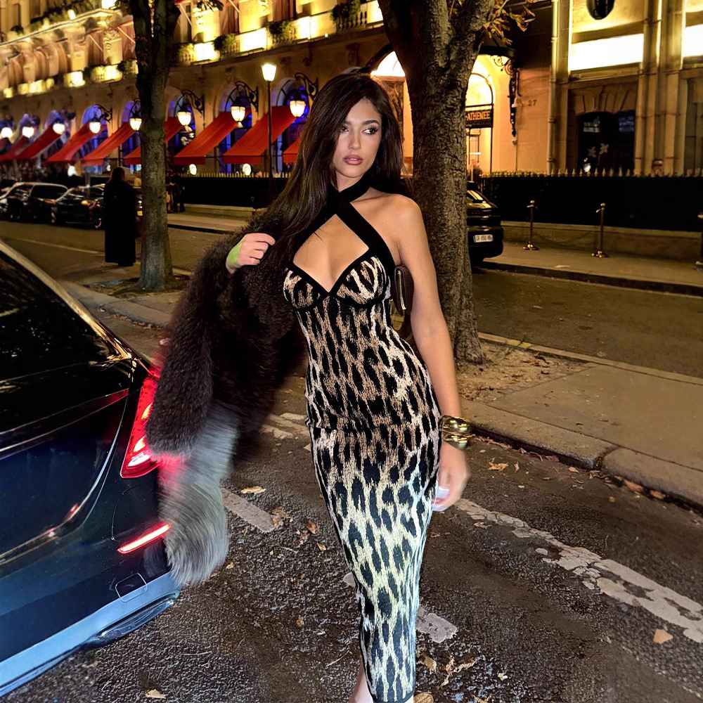 Aliexpress Foreign Trade European and American Clothing New Retro Trendy Leopard Print Halter Neck Leopard Print Slimming Dress