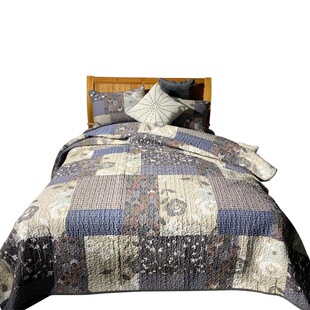 Handmade patchwork quilt pure cotton fabric high-grade quilted washed printed plaid bedding three-piece set manufacturer