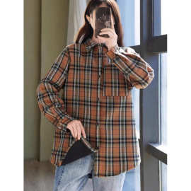 2025年秋冬季加绒新款复合格子衬衫女士翻领长袖加厚保暖打底衫女