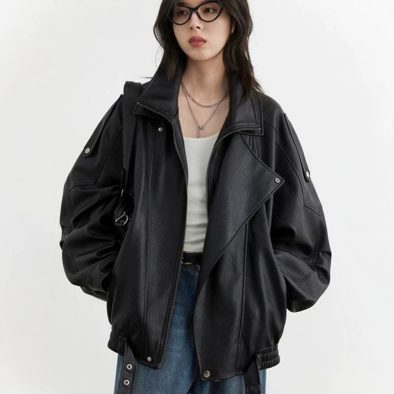 Fashionable and high-end women's leather jacket, 2026 autumn new style, loose and stylish, versatile American-style biker leather jacket Fashionable and high-end women's leather jacket, 2026 autumn new style, loose and stylish, versatile American-style biker leather jacket