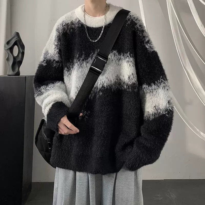 秋冬男士时尚美式复古撞色针织衫男潮流百搭oversize慵懒风毛衣