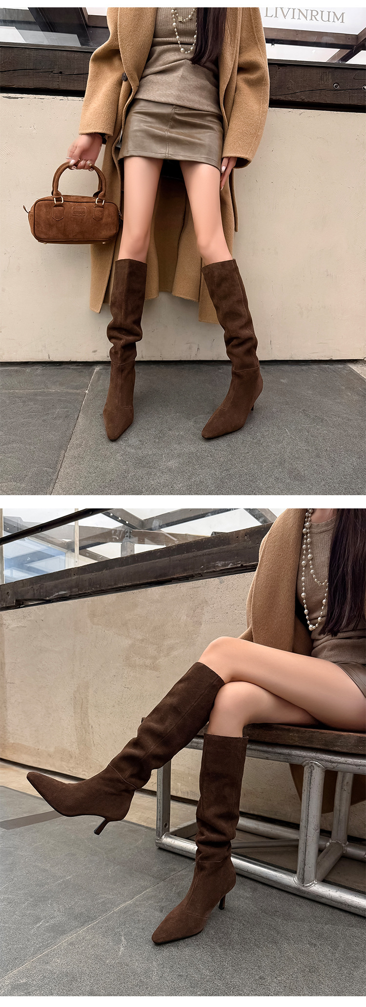Boot nữ cổ cao mũi nhọn gót nhọn ống rộng chất liệu da lộn cao gót — Lót lông nâu, Lót đơn xám, Lót lông xám, Bảng màu nâu chi tiết 4