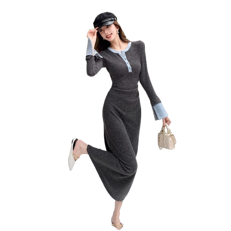 (2개) 가을 틈새 디자인 대비 컬러 스티칭 버튼 긴팔 원피스 여성용 타이트 허리 슬림 핏 힙합 랩 스커트 우아한 롱 스커트