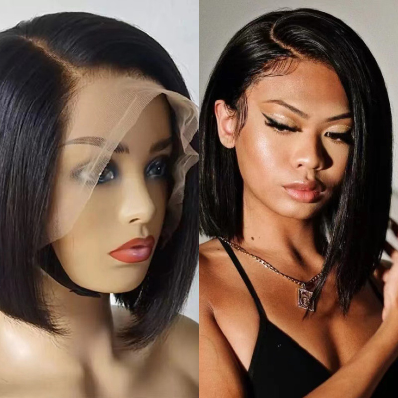 Cross-Border Bob Lace Front Wig for Women, Synthetic Fiber Short Straight Hair Bob Wig, High-Temperature Fiber Wig for Ladies