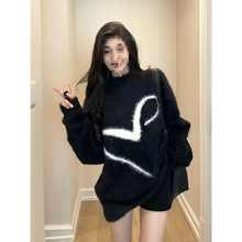 马海毛软糯毛衣女秋冬新款黑色圆领针织衫慵懒风宽松套头上衣