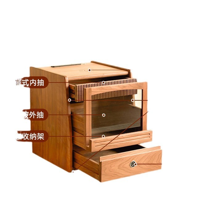 Mesilla de noche inteligente medieval, borde de la cama del dormitorio, armario de almacenamiento de madera maciza extremadamente estrecho, apartamento pequeño multifuncional color madera de cerezo