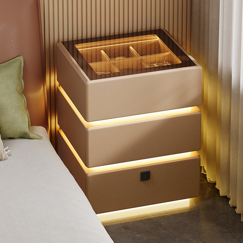 2024 nueva mesita de noche, lujo ligero, vidrio de alta gama con luz, dormitorio principal, precio alto, armario de almacenamiento rojo de Internet