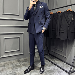 Notched Lapel Wide Striped Suit Suit Slim Business Groom and Best Man Wedding Emcee Double-Breasted Suit for Men