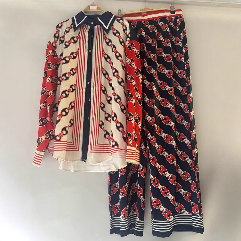 Foreign Trade Women's Retro Geometric Print Straight Shirt Two-Piece Set Autumn + High-Waisted Loose Wide-Leg Pants Fashion Suit Foreign Trade Women's Retro Geometric Print Straight Shirt Two-Piece Set Autumn + High-Waisted Loose Wide-Leg Pants Fashion Suit