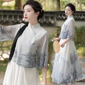 实拍新中式中国风唐装水墨印花改良汉元素宽松淑女上衣女装套装