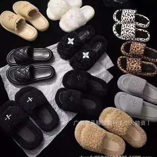 high quality SK Black and White Velvet Fur Slippers Cruciferous Thick Bottom Black Balloon Leather Slippers