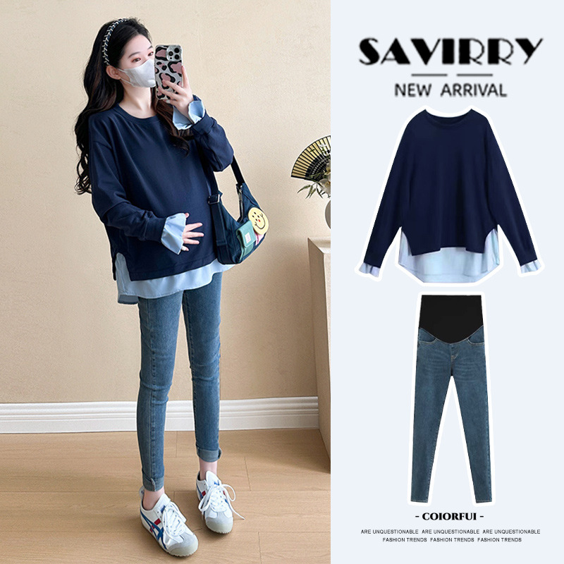 Loose A version of the belly cover does not show pregnant women's sweater fashion suit long sleeve top women's autumn stretch jeans