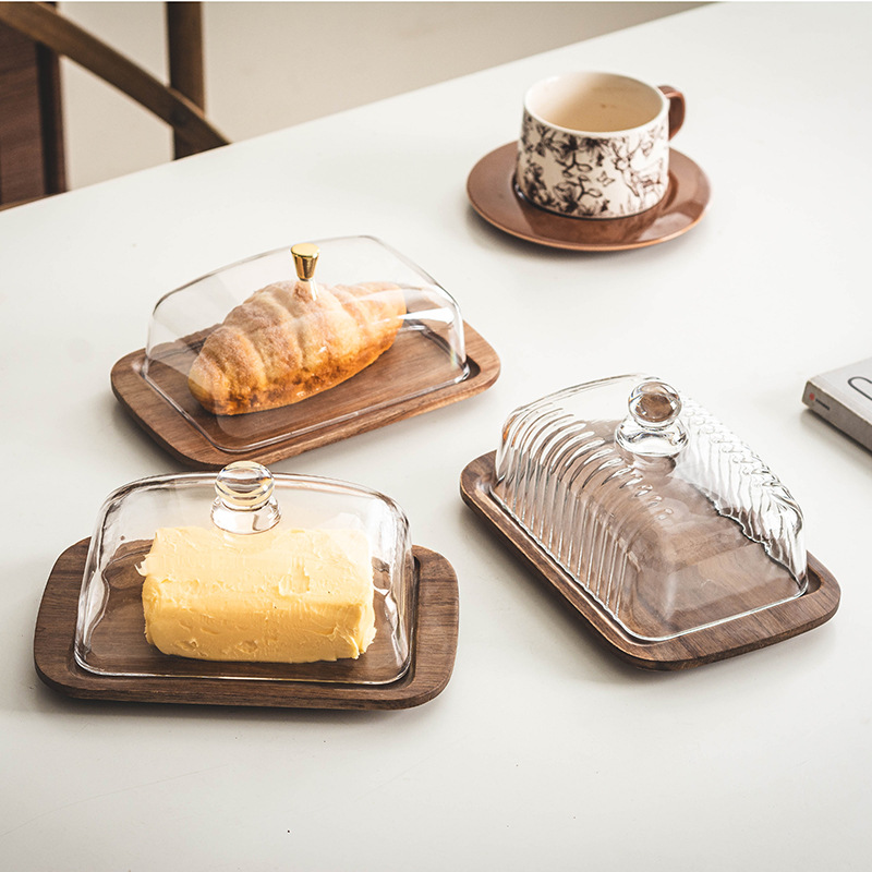 Mantequilla de madera sólida, bandeja de almacenamiento, cubierta de vidrio a prueba de polvo, bandeja de fruta de madera acacia, bandeja de té de la tarde, venta transfronteriza