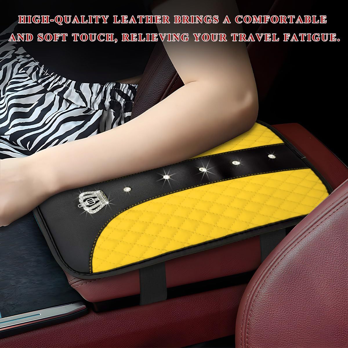 Car armrest box cushion, crown leather studded armrest box pad, armrest cover, three-dimensional quilted embroidery car interior accessory