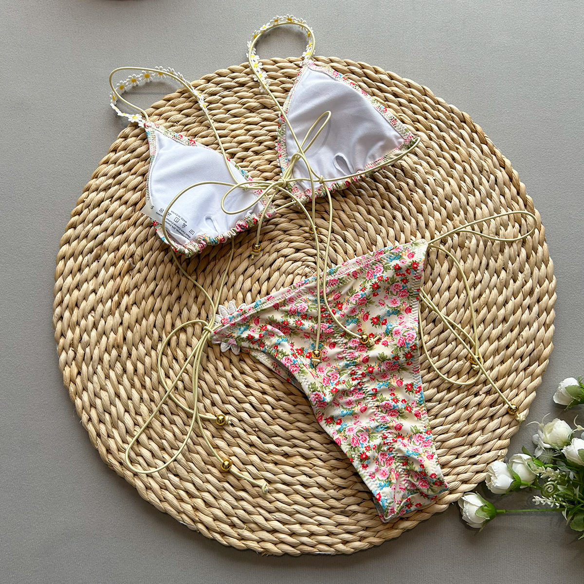 Nylon Fabric Type Women's Flower 2 Pieces Set Bikinis Swimwear