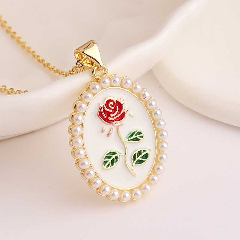 Fashion Moon Rose Flower Copper Enamel Plating Inlay Artificial Pearls Zircon Pendant Necklace 1 Pie