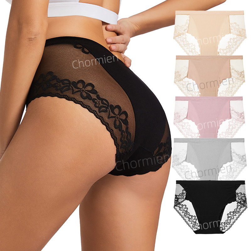 European and American Cross-Border Sexy Lace Floral Women's Underwear Mid-High Waist Hollow Fashion Underwear Breathable and Comfortable Briefs