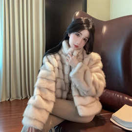 冬季新款小立领切条环保毛皮草毛毛外套女装高级感气质宽松短外套