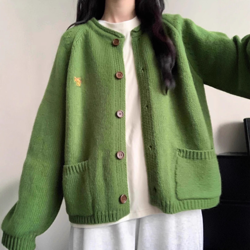 Japanese Retro Green Knitted Cardigan Sweater Jacket for Women 2026 Spring New Style Lazy Loose Soft Top